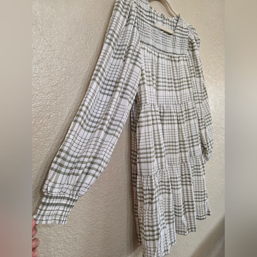 Green Plaid Puff Long Sleeve Fall Dress - Picture 3 of 8